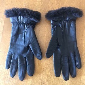 Black Leather Gloves with Fur Trim